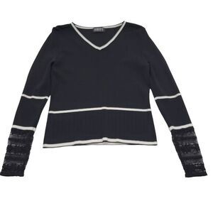 Finity Sweater White Stripes & Lace on Sleeve V-Neck‎ Sz (S-M) UNMARKED